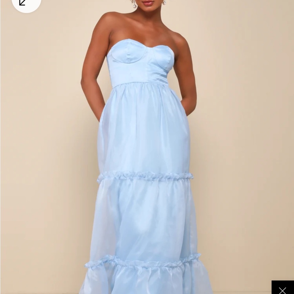 Lulus exceptional grace light blue strapless tiered bustier maxi dress